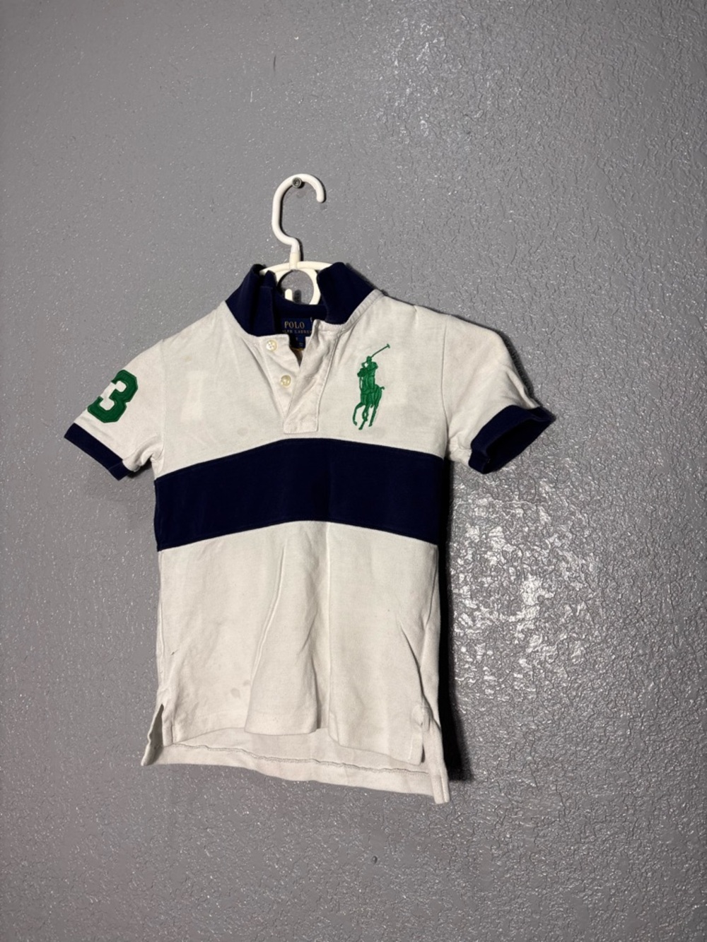 Polo by Ralph Lauren White & Navy Striped Kids Polo Shirt with Green Logo